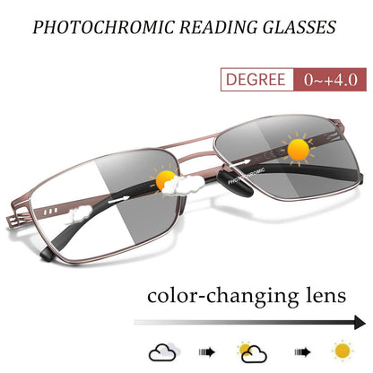 Metal Anti-Blue Light Photochromic Reading glasses Rectangular Eyewear Frame Presbyopic Unisex Surf Internet Read magazines