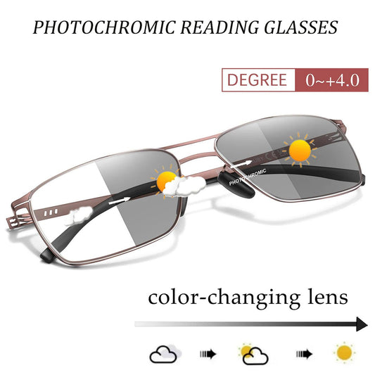 Metal Anti-Blue Light Photochromic Reading glasses Rectangular Eyewear Frame Presbyopic Unisex Surf Internet Read magazines