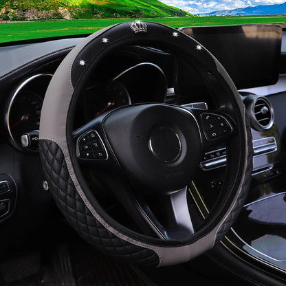 Pu leather diamond-encrusted crown Blingbling car rimless steering wheel cover suitable for 14.5 - 15 inch car accessories