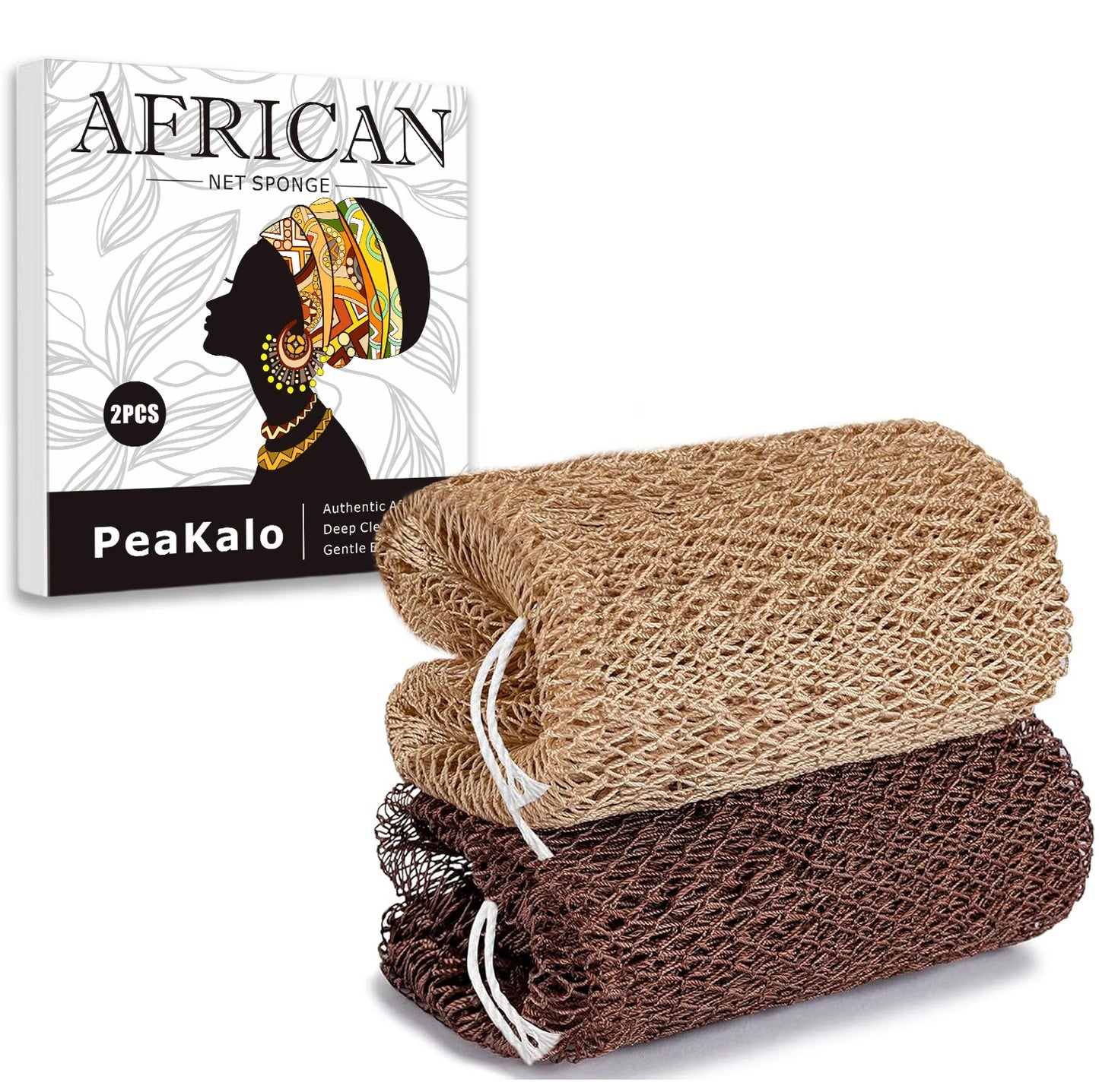PeaKalo Authentic African Net Sponge-2Pcs Exfoliating Bath Shower Loofah Sponge, Gentle Back Scrubber for All Skin Types,Durable