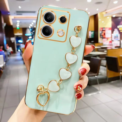 Luxury Plating Love Heart Bracelet Chain Phone Case For XiaoMi 13T 14T Redmi 13C 14C 15 C 4G  Note 14 13 12 Pro Plus Back Cover