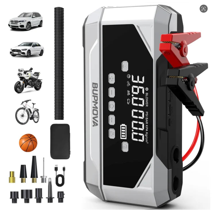 1500A Peak Car Battery Starter Kit, Featuring a 150 PSI Air Compressor, Jump Cable Box, Portable Starter for 12L of Gasoline/10.0L of Diesel Engines, LCD Display, 3-Mode LED Flashlight, Fast Charging USB-C, Lithium Polymer Ba