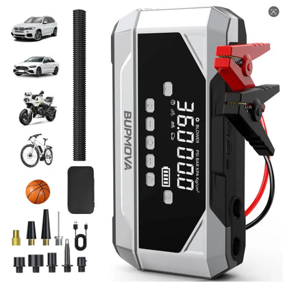 1500A Peak Car Battery Starter Kit, Featuring a 150 PSI Air Compressor, Jump Cable Box, Portable Starter for 12L of Gasoline/10.0L of Diesel Engines, LCD Display, 3-Mode LED Flashlight, Fast Charging USB-C, Lithium Polymer Ba
