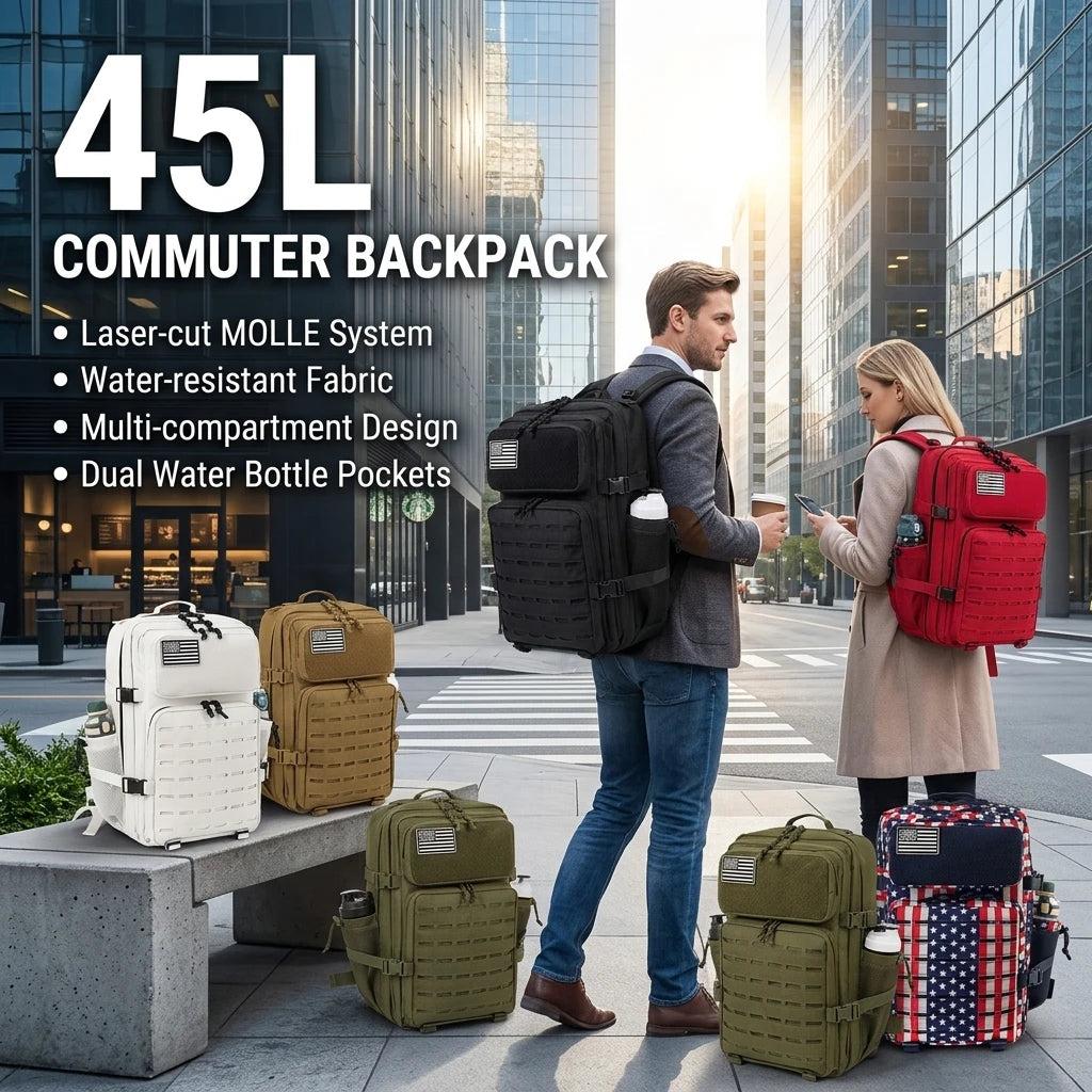 45L Tactical Backpack For Men With MOLLE Webbing System Outdoor Survival Gym Fitness Hiking Camping Backpack Dual Cup Holders Large Capacity Rucksack For Wilderness Trip Travel Daily Work Commute Outdoor Camping Activities Ge