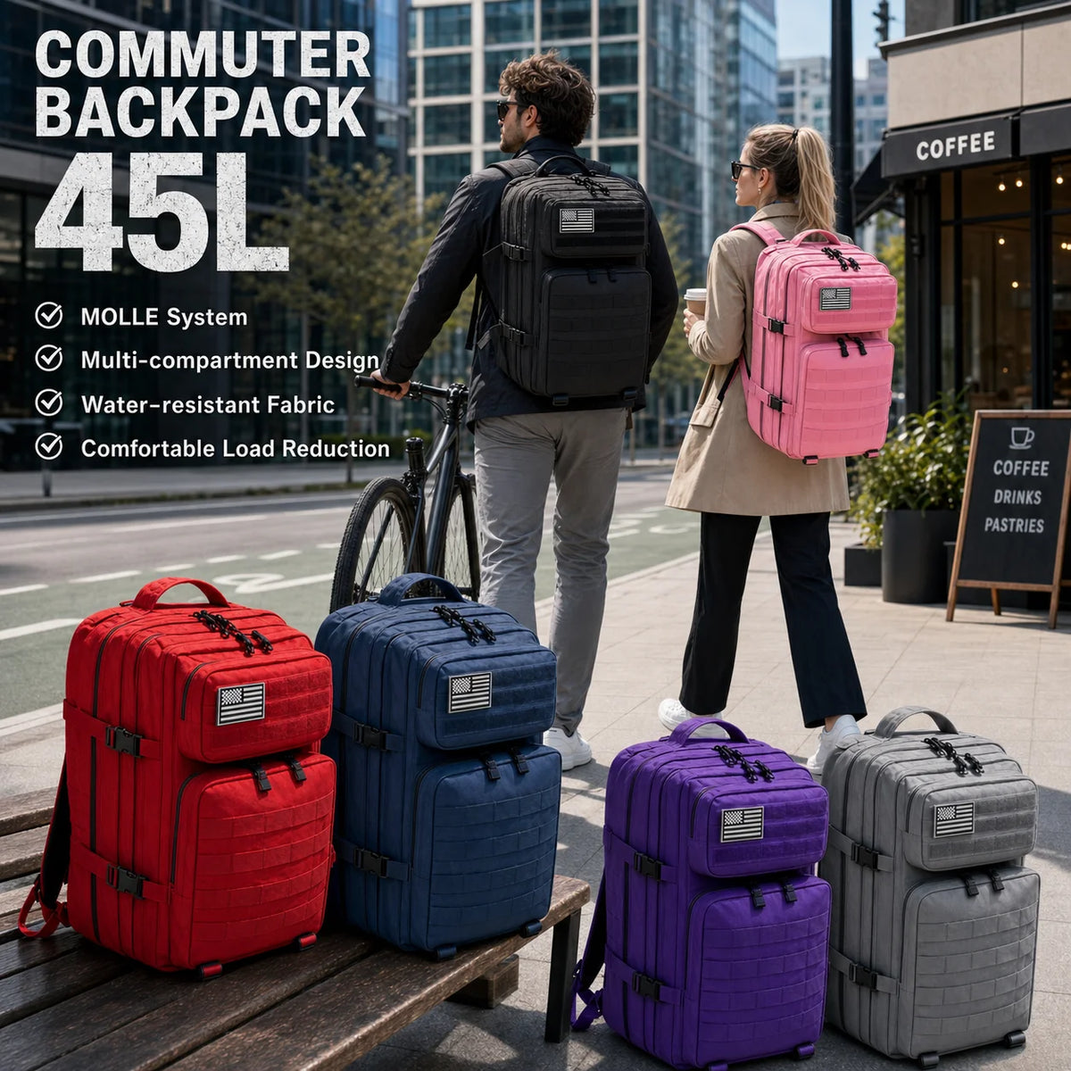 45L Tactical Travel Backpack Molle Large Capacity Multi Pocket Storage Bag Durable Wear Resistant Camping Hiking Trekking Bushcraft Daypack Heavy Duty Rucksack For Men Women Business Trips Mountain Climbing Daily Commute Lugg