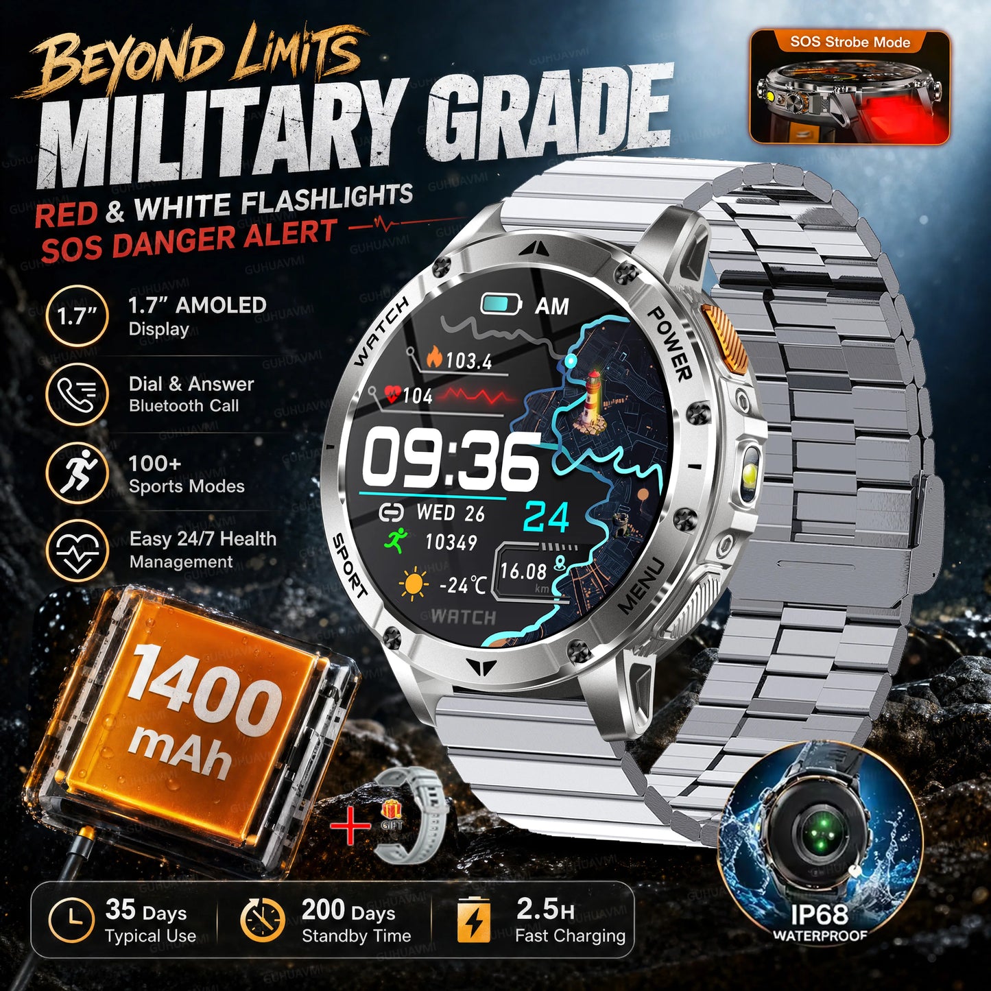 2026 New Military Outdoor Smart Watch Men 10ATM Waterproof Diving Heart Rate Monitor LED Flashlight Bluetooth Call Fitness Watch