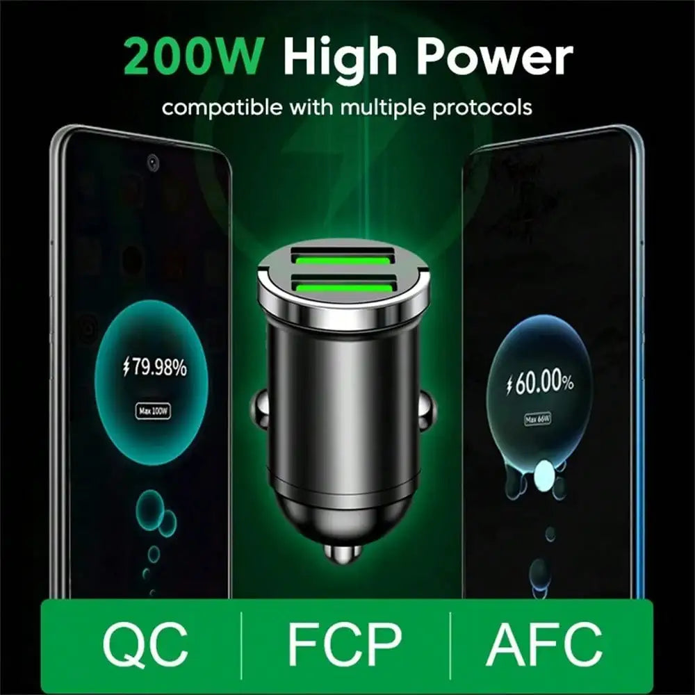 200W Mini Dual Ports USB Car Charger Fast Charging Car Phone Charger Adapter Compatible With IPhone USB Charger In Car