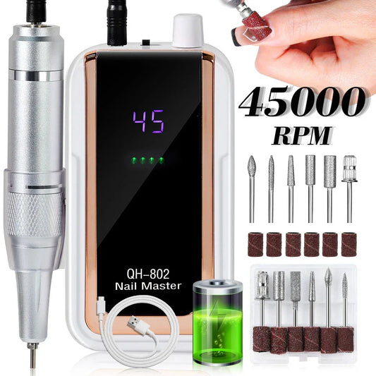45000RPM Electric Nail Drill File Rechargeable Portable Electric Nail File Machine Kit for Nail Polishing Removing Gift Supplies