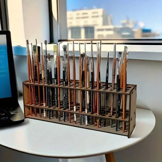 Wooden Brush Holder 67-Slot Premium Double-layer Durable Artist Desk Organizer Pencil Paint Brushes Storage Art Craft - Urbizia