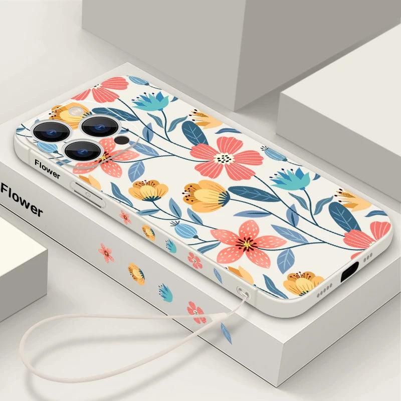 Flowers Soft Silicone Lanyard Case For iPhone 17 16e 15 16 Pro Max 12 13 14 11 Pro Max 17e Shockproof Bumper Strip Phone Cover