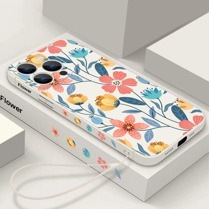 Flowers Soft Silicone Lanyard Case For iPhone 17 16e 15 16 Pro Max 12 13 14 11 Pro Max 17e Shockproof Bumper Strip Phone Cover