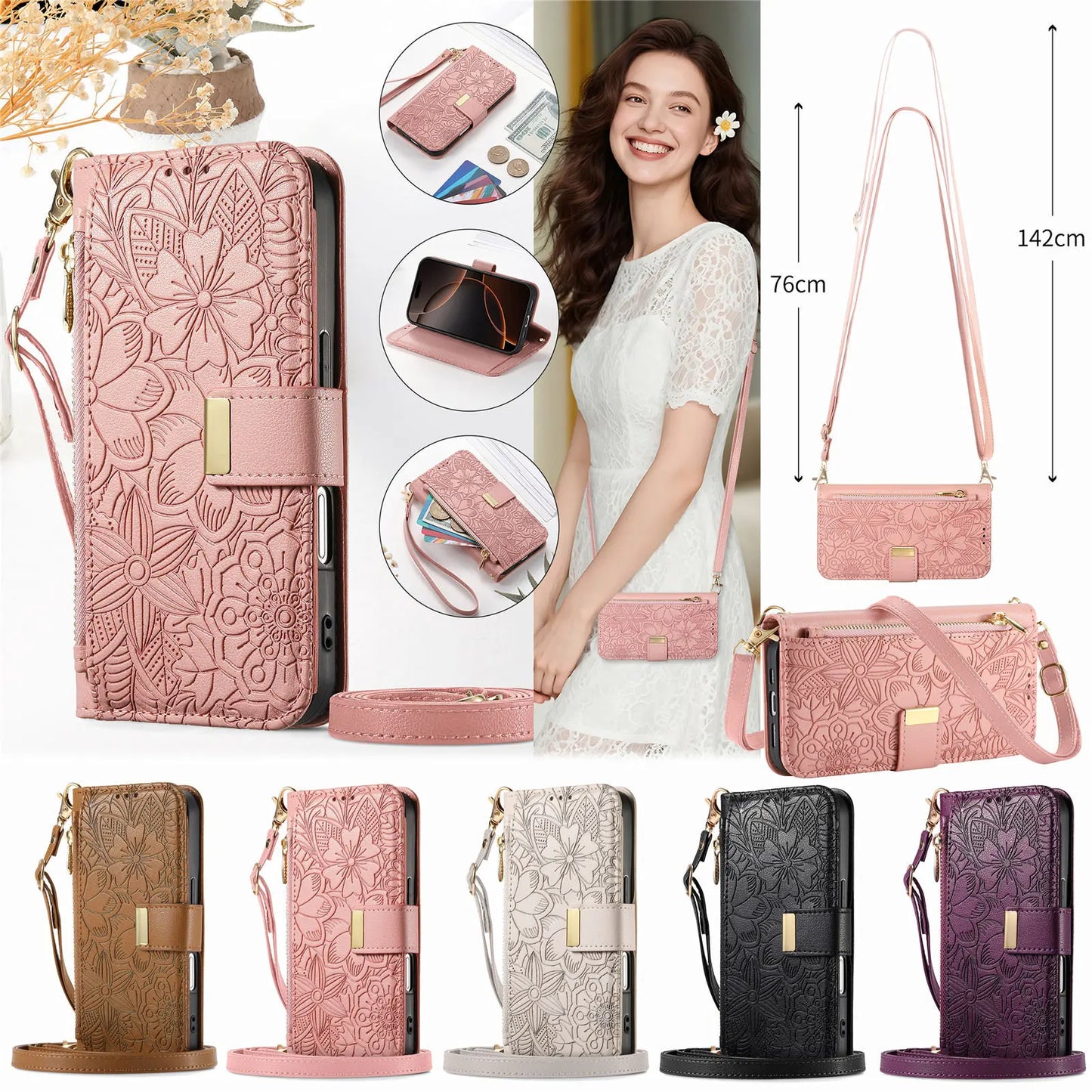 PU Leather Zipper Crossbody Flip Wallet Card Slot Phone Case For Samsung Galaxy S26 Plus S26 Pro S26 Ultra A57 Wrist Strap Cover