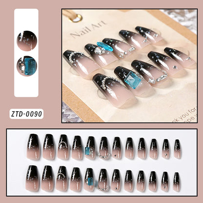 24Pcs Black Glossy Halloween Almond Fake Nails – Gradient French Press-on Nails with Rose, Heart & Skull Designs