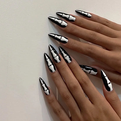 24Pcs Horror Comic Tomie Press on Nails – Almond Glossy Black Japanese Anime Nails, Reusable Halloween False Nail Tips