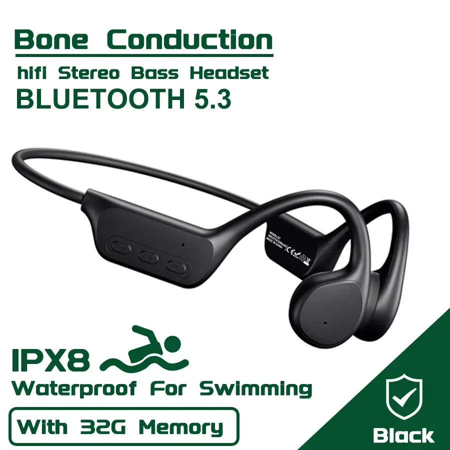 IPX8 Waterproof Swimming Diving Bone Conduction Headphone Bluetooth 5.3 Bass Wireless Headset MP3 (32G) Player fitness Earphone - Urbizia