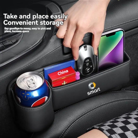 Leather Car Seat Gap Organizer Filler Side Storage Pocket With Cup Holder with logo For smart fortwo forfour 453 451 450 Car