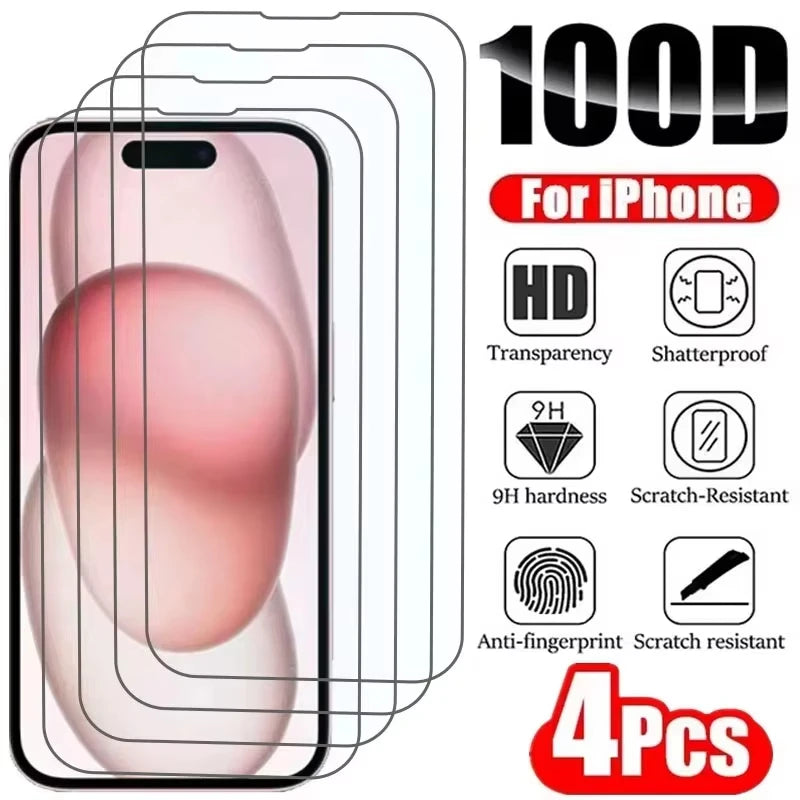 4PCS Tempered Glass for iPhone 18 17 16 16e 15 14 13 12 11 Pro Max Air Screen Protectors for iPhone X XR XS 7 8 12 13 Mini Glass