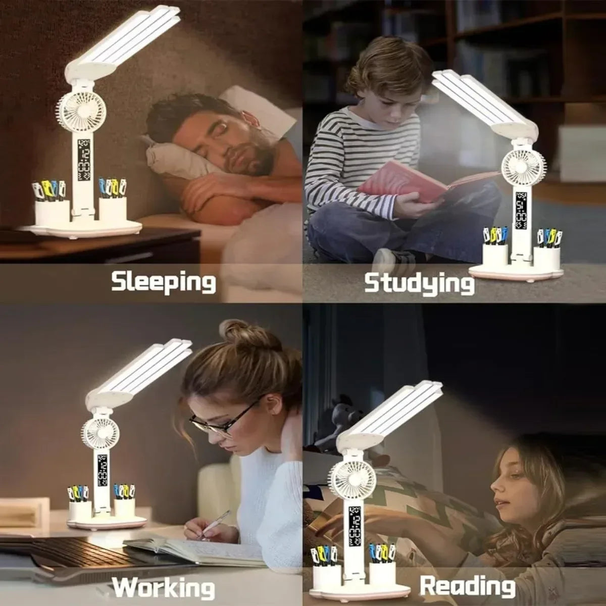 3 Color LED Table Lamp with Fan And Clock Four Headed Folding USB Charging Multifunction Desk Lamp for Reading Night Light - Urbizia