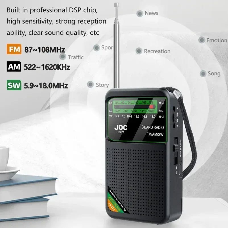 Battery Operated Radio FM AM SW Radio Built-in Speaker Pointer Pocket Radio Type-C Rechargeable with HD Display Screen for Elder - Urbizia