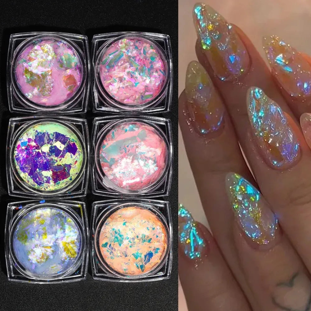 6pcs Aurora Opal Nail Glitter Flakes Iridescent Nail Pigment Crystal Mermaid Sparkly Dreamy Nail Art Sequins Manicure Decoration