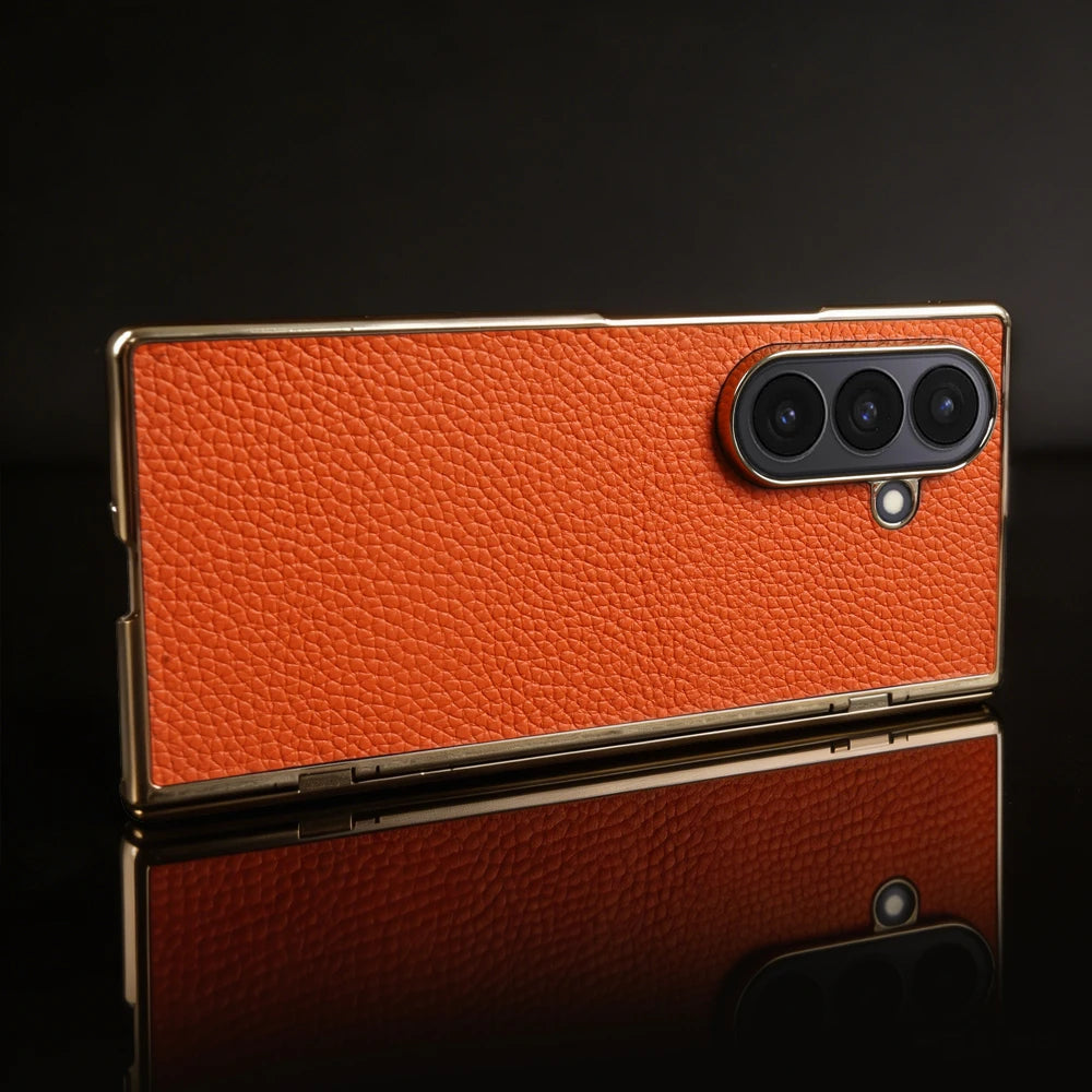 Lychee Genuine Leather Case For Samsung Galaxy Z Fold 7 6 5 4 3 phone Cover Fold7 Fold5 Fold6 fold4 fold3 Cases Funda Para Coque