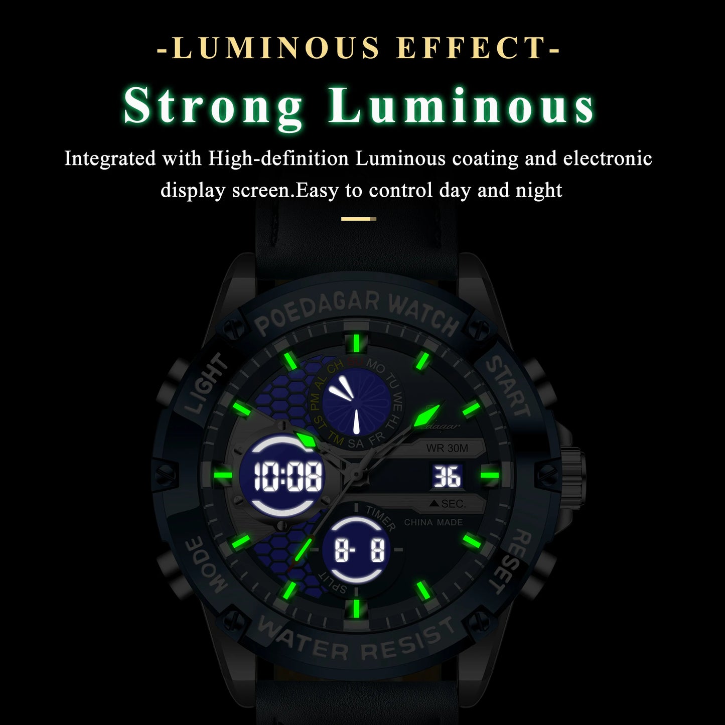 POEDAGAR Top Fashion Man Clock Waterproof Electronic LED Luxury Men's Watches Dual Time Display Digital Leather Men Quartz Watch