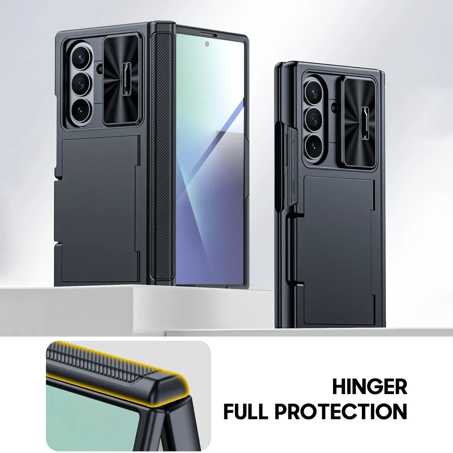 for Galaxy Z Fold 7 Case,RFID Wallet with Cards Holder,Hinge Cover,Camera Cover,Shockproof Silicone Protective Phone Case-Black