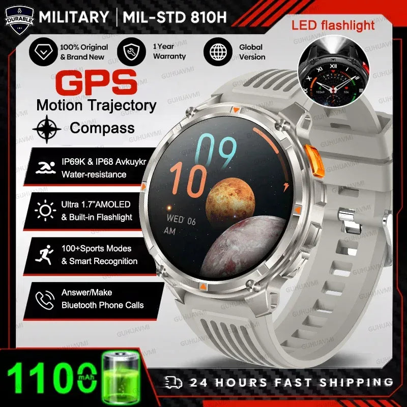 Men 1100mAh Ultra Durable Battery Smart Watch GPS Compass IP69K Waterproof BT Call 100+ Sport Mode Flashlight Sports Smartwatch - Urbizia