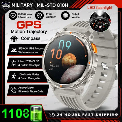 Men 1100mAh Ultra Durable Battery Smart Watch GPS Compass IP69K Waterproof BT Call 100+ Sport Mode Flashlight Sports Smartwatch - Urbizia