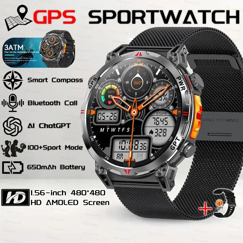 Military Grade Smart Watch Men GPS Compass Altimeter Clock 1.56" AMOLED 5ATM Waterproof Sport Fitness Tracker BT Call Smartwatch - Urbizia