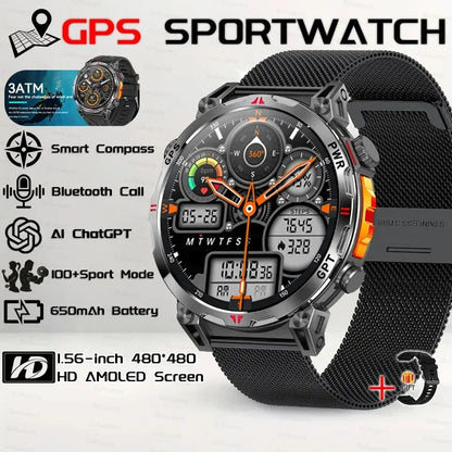 Military Grade Smart Watch Men GPS Compass Altimeter Clock 1.56" AMOLED 5ATM Waterproof Sport Fitness Tracker BT Call Smartwatch - Urbizia
