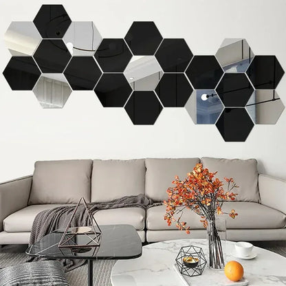 6/12pc Hexagon Mirror Wall Stickers 3D DIY Acrylic Mirror Sticker Self Adhesive Decals Removable Living Room Bathroom Home Decor - Urbizia