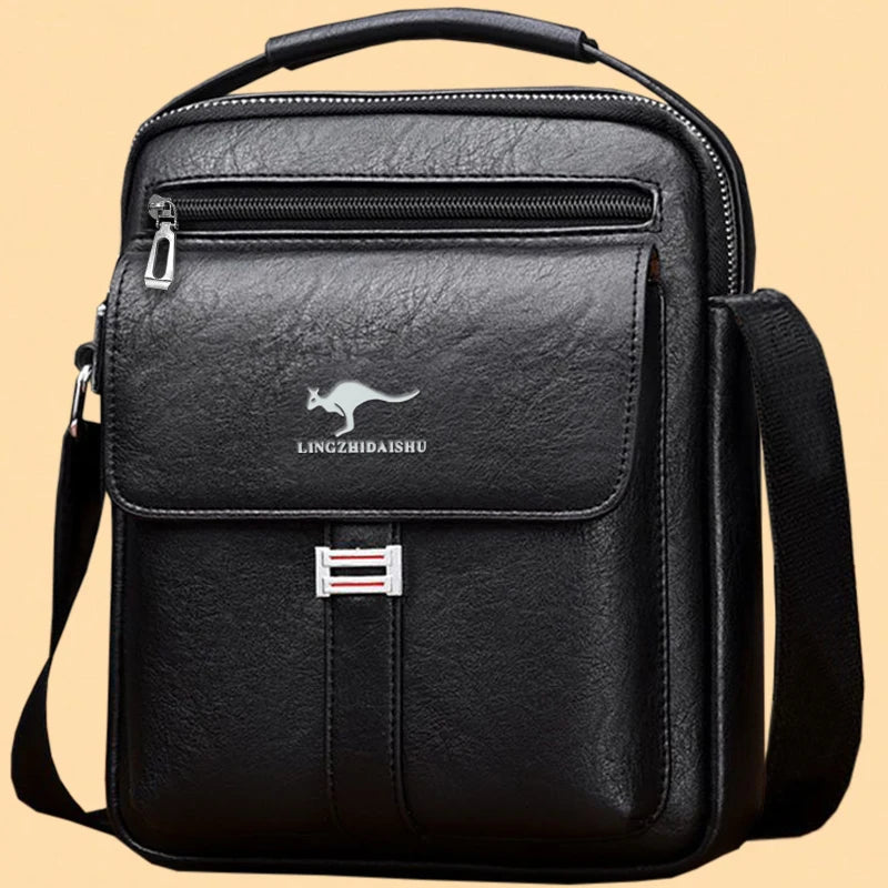 Men Multifunctional Leather Shoulder Bag Multi Pocket Crossbody Messenger Bag Business Travel Handbag with Top Handle Black