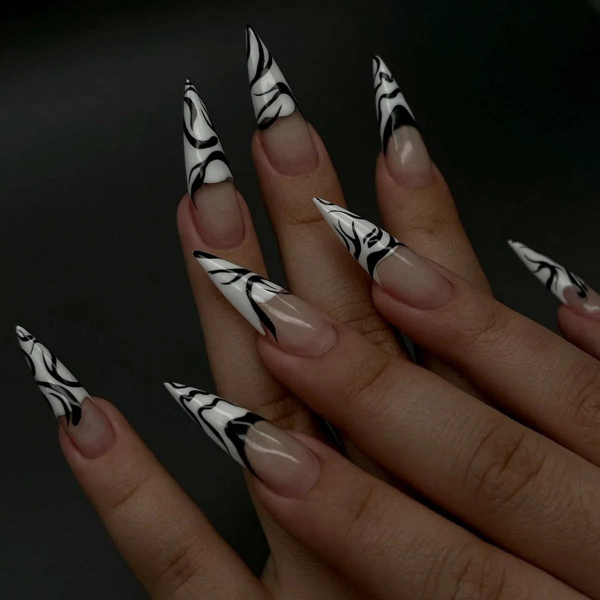 24Pcs Long Almond Fake Nails – Detachable French Ballet Halloween Press-on Full Cover Nail Tips