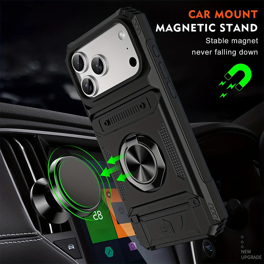 Rugged Armor Phone Case with Hidden Dual Card Slot & 360° Rotating Metal Ring Holder Kickstand, Shockproof Heavy-Duty Hard Shell with Raised Camera Protection, Compatible with iPhone 18/17 Pro Max/16/15/14/13/12/11/Plus/Aie