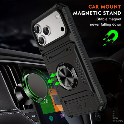 Rugged Armor Phone Case with Hidden Dual Card Slot & 360° Rotating Metal Ring Holder Kickstand, Shockproof Heavy-Duty Hard Shell with Raised Camera Protection, Compatible with iPhone 18/17 Pro Max/16/15/14/13/12/11/Plus/Aie