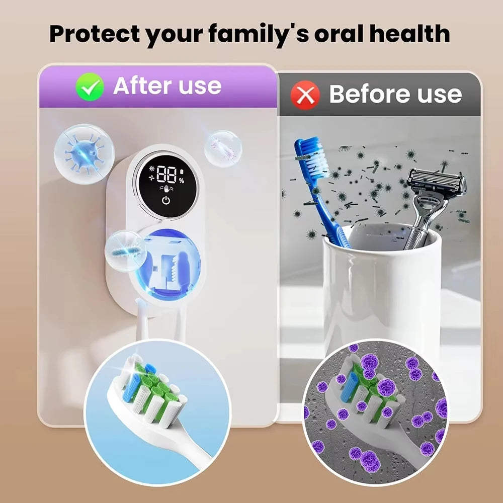 Toothbrush Holder Cleaner Holder/Dryer Light Cleaning and Air Drying Automatic Ratating Cover Rechargeable Wall Mounted