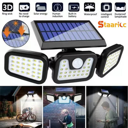 STAARICC Solar Lights Outdoor LED High Brightness Solar Motion Sensor Light 3 Heads 270° Wide Angle Illumination IP65 Waterproof