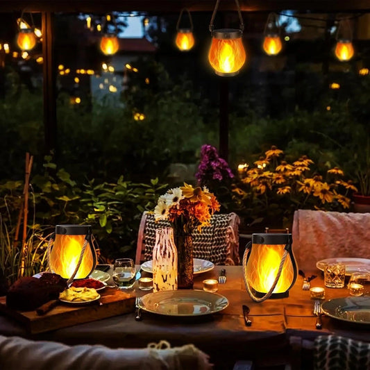 Solar Flame Hanging Lantern Type-C Fast Charging Waterproof 3D Flickering Flame Lamp for Garden Patio Camping Decor