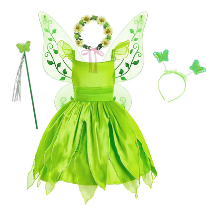 Girls Flower Fairy Dress – Kids Princess Costume with Wings, Halloween & Party Tinkerbell Dress