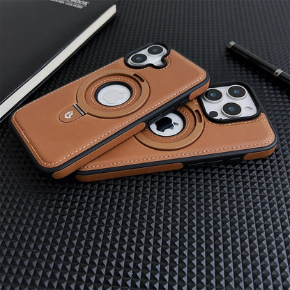 Luxury Leather Metal Magnetic Ring Stand Magsafe Case For iPhone 17 16 15 14 13 12 Pro Max Plus 17Air Business Hollow Logo Cover