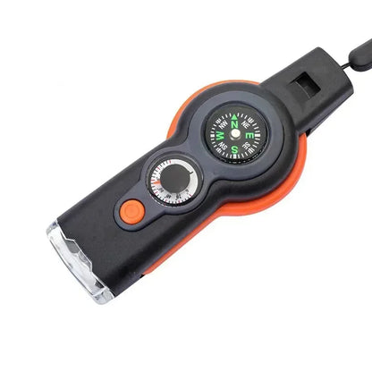 Camping Hiking 7in1 Outdoor Multifunctional Survival Whistle Flashlight Compass Thermometer Magnifier Reflector Magnifying Glass