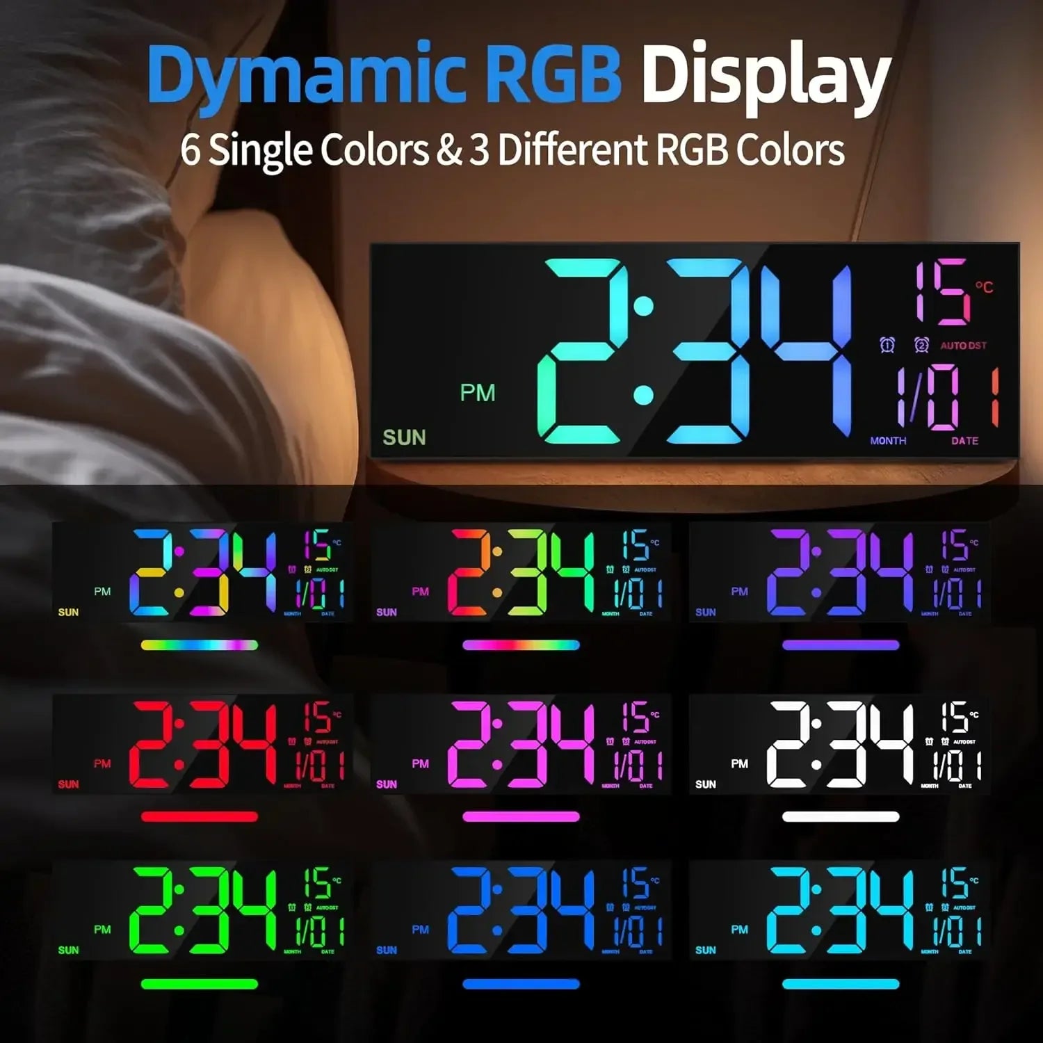 16.2'' Large Digital Wall Clock with Remote Control Big LED/Dual Alarm/8 RGB Colors Digital Alarm Clock Electronic Watch - Urbizia