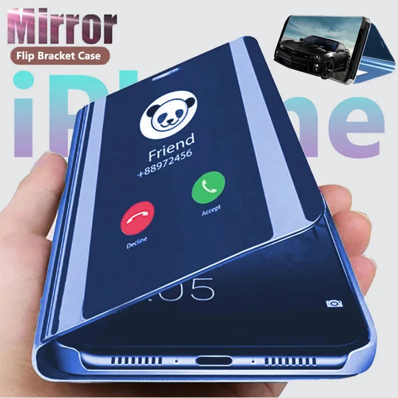 360° Full Protected Flip Mirror Phone Case For iPhone 17 16 15 14 13 11 12 Pro Max Fully Covered Standing Bracket Bumper Cover
