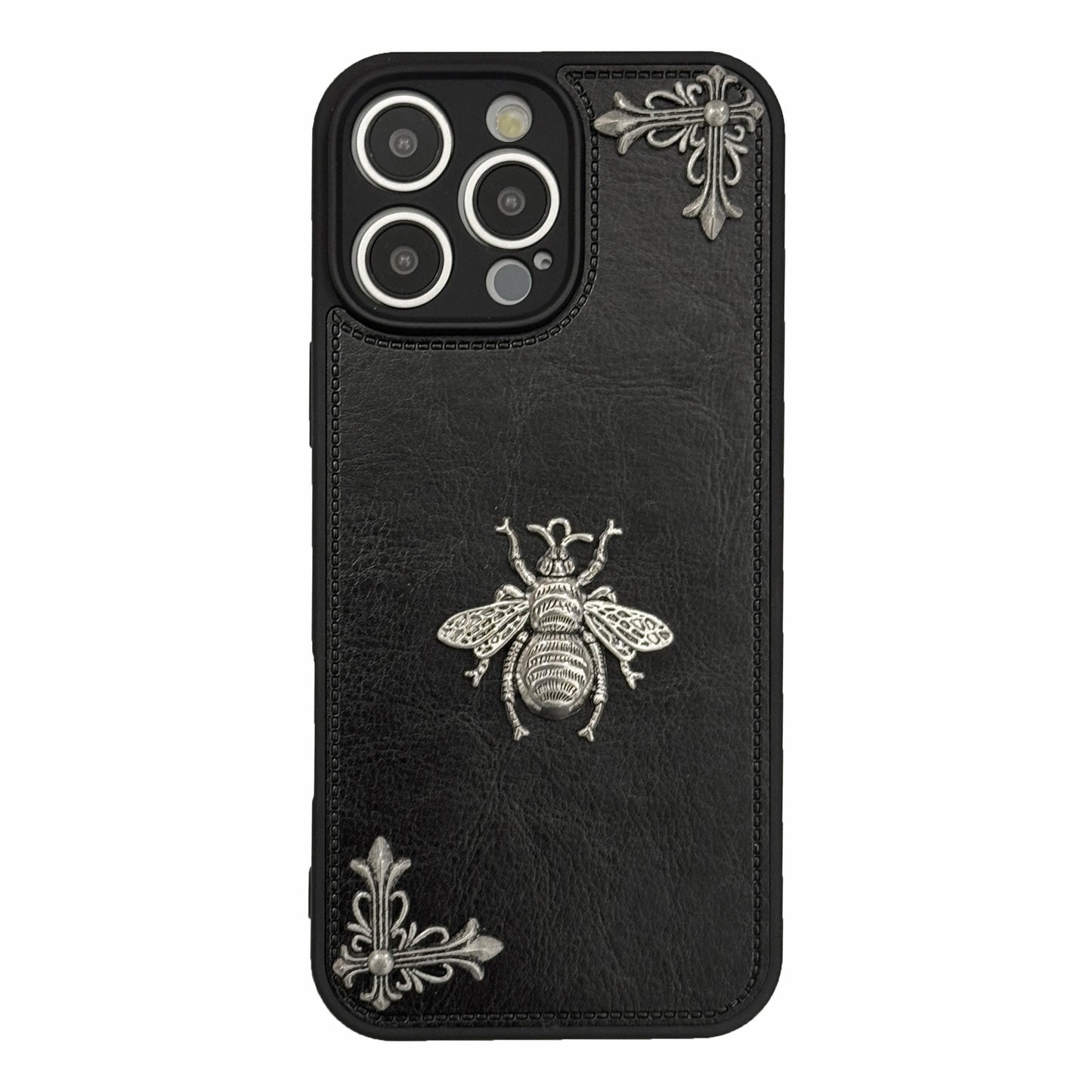 Luxury Gothic High Grade Leather Phone Case for IPhone 16 15 14 13 12 11 Pro Max Fashion Trends Metal Honeybee Protection Cover