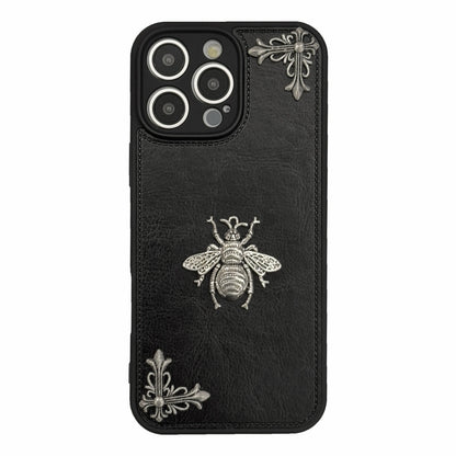 Luxury Gothic High Grade Leather Phone Case for IPhone 16 15 14 13 12 11 Pro Max Fashion Trends Metal Honeybee Protection Cover