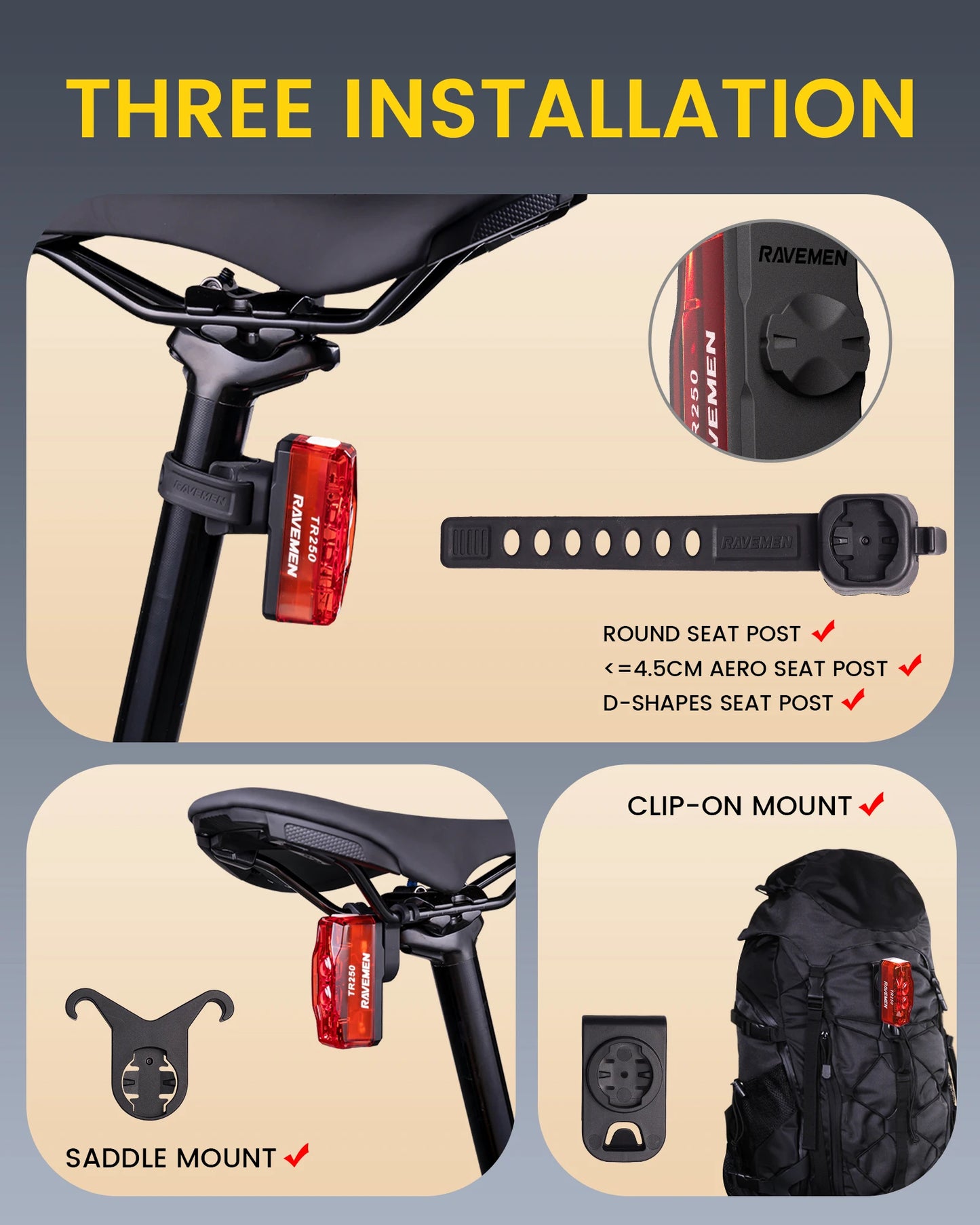 RAVEMEN TR250 Bike Rear Light Rechargeable Bicycle Taillight Lamp With ABM07 Mount Brake Sensor Auto on-off 250 LED lumens IPX6