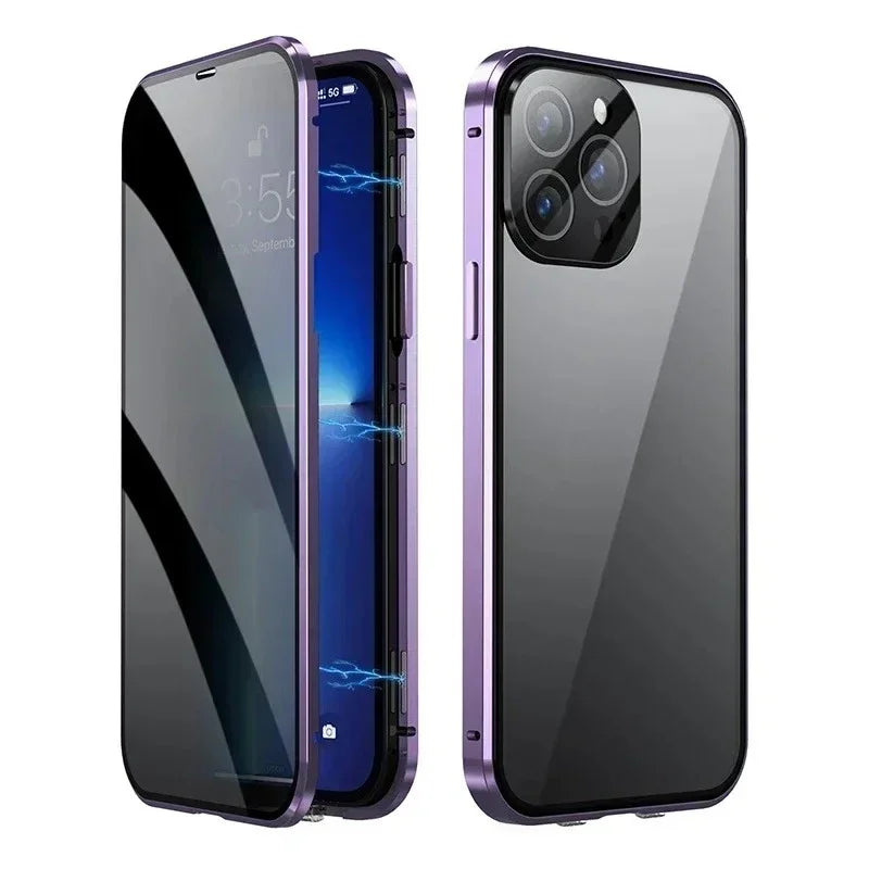 360 ° Full Protection Metal Magnetic Double-Sided Glass Snap Lock Privacy Case For iPhone 17 16 15 14 13 12 Pro Max Plus 17E 16E