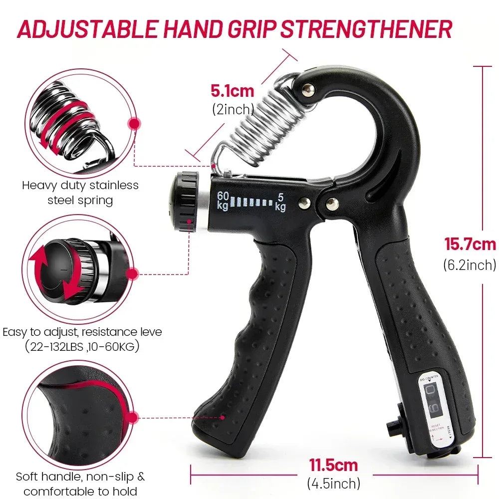 5-60kg Adjustable Hand Grip Strength Strengthener Trainer Full Set With Counter Wrist Forearm And Hand Exerciser For Muscle - Urbizia