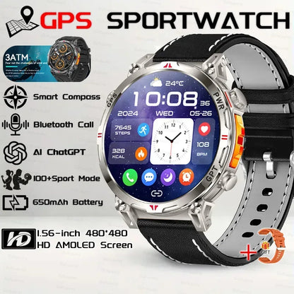Military Grade Smart Watch Men GPS Compass Altimeter Clock 1.56" AMOLED 5ATM Waterproof Sport Fitness Tracker BT Call Smartwatch - Urbizia